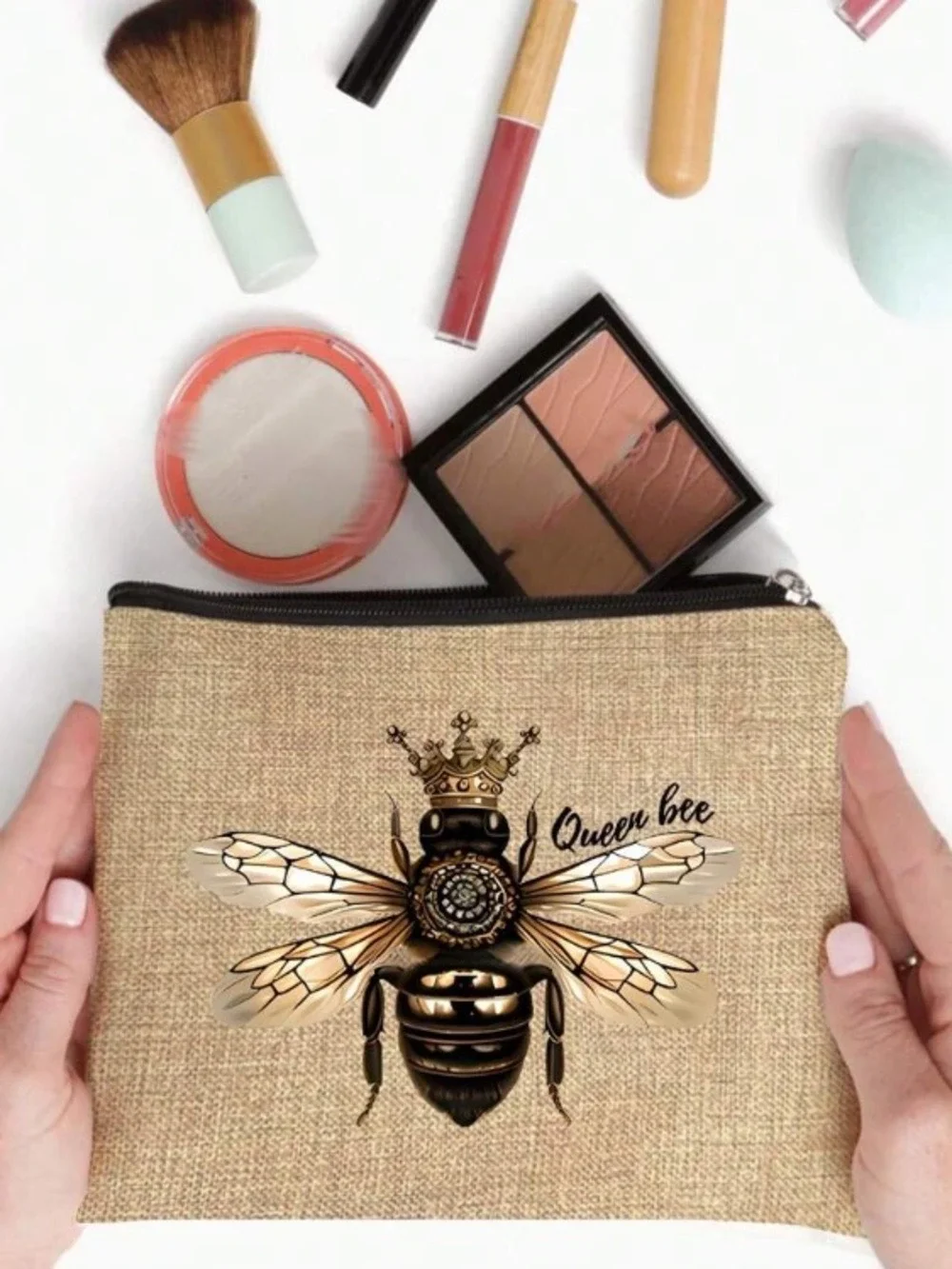 Queen Bee Makeup Bag Cosmetic Travel Pouch Bee Lover Organizer Beige